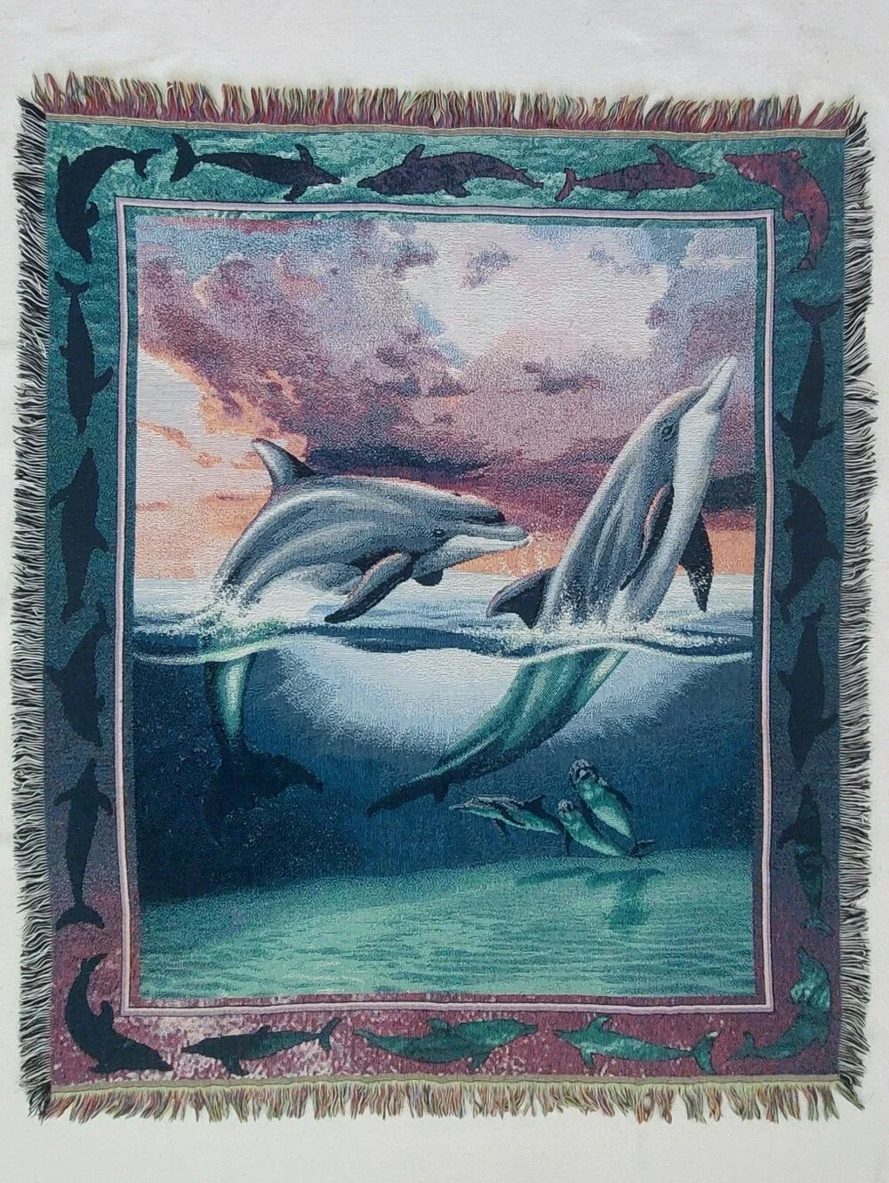 AMERICAN WEAVERS Woven Dolphin Afghan Fringe Tapestry Throw Blanket NWOT